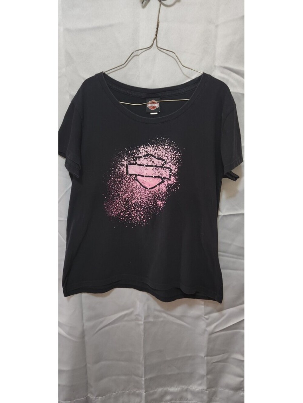 Harley-Davidson Bravado Women's Pink Splatter Studded Bar & Shield T-Shirt XL